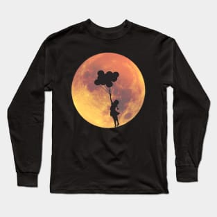 Full Moon and Girl with Balloon Silhouette Long Sleeve T-Shirt